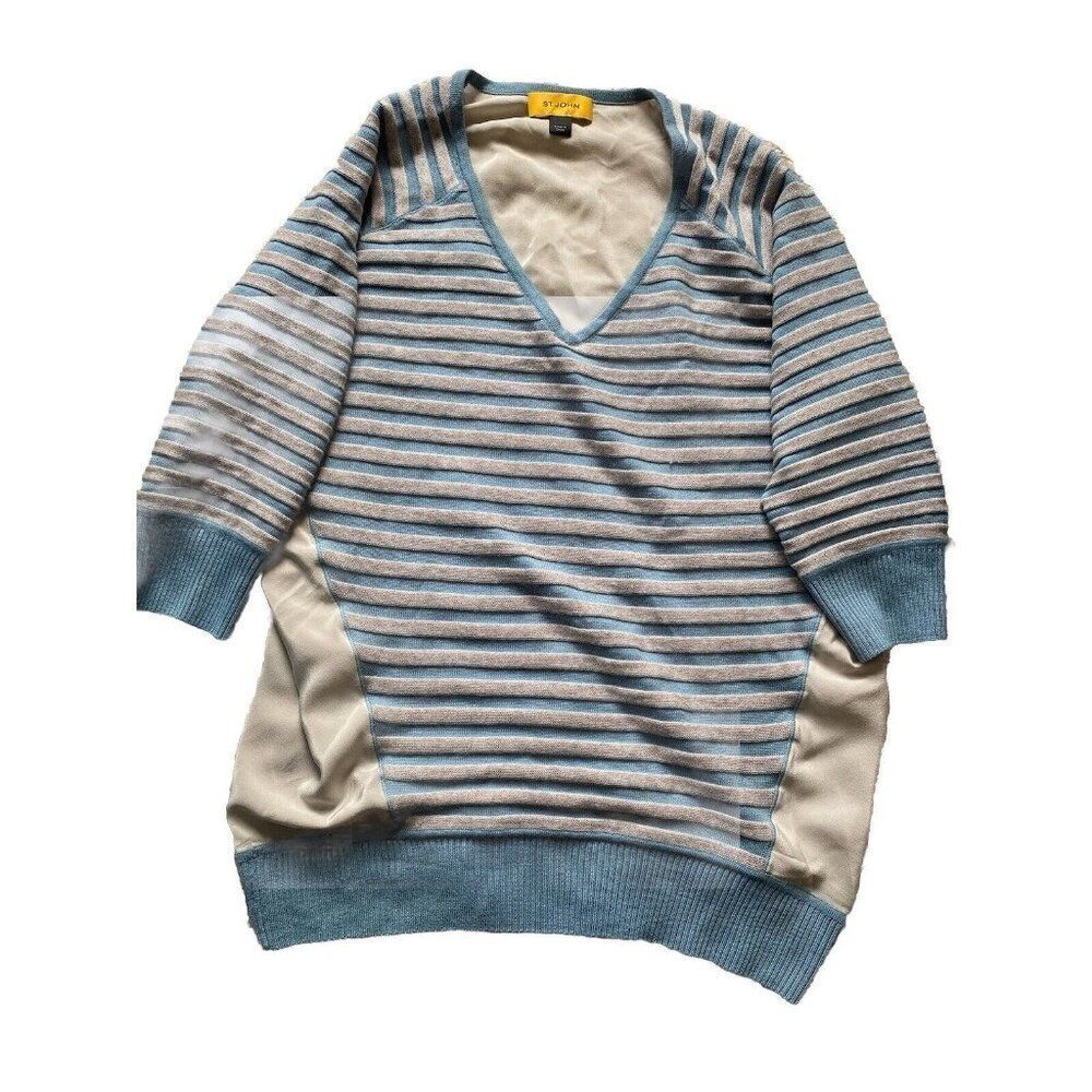 St. John Sweater Top Wool Silk Striped XL Grey Blue Blouse St Pullover